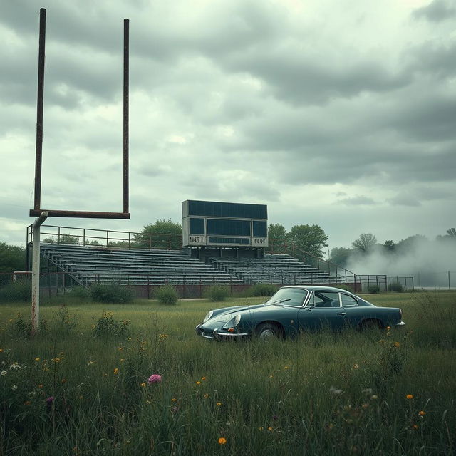 A surreal depiction of a 'dead sport' theme, featuring a vintage football field overgrown with wild grass and wildflowers, with an abandoned goalpost leaning to one side