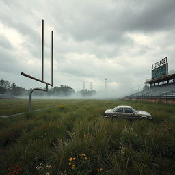 A surreal depiction of a 'dead sport' theme, featuring a vintage football field overgrown with wild grass and wildflowers, with an abandoned goalpost leaning to one side