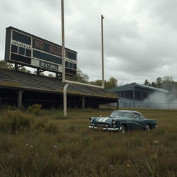 A surreal depiction of a 'dead sport' theme, featuring a vintage football field overgrown with wild grass and wildflowers, with an abandoned goalpost leaning to one side