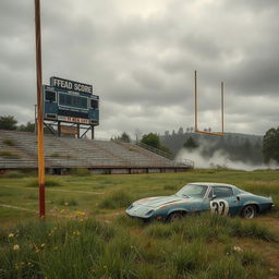 A surreal depiction of a 'dead sport' theme, featuring a vintage football field overgrown with wild grass and wildflowers, with an abandoned goalpost leaning to one side