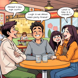 A cheerful comic-style illustration depicting a scene of Ahmed sitting at a café table with his new high school friends, all of them laughing and enjoying their conversation