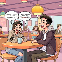 A cheerful comic-style illustration depicting a scene of Ahmed sitting at a café table with his new high school friends, all of them laughing and enjoying their conversation