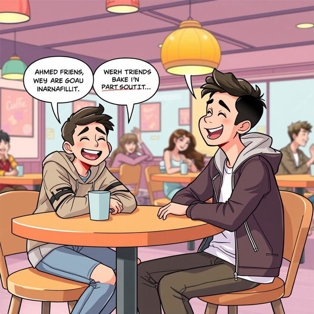 A cheerful comic-style illustration depicting a scene of Ahmed sitting at a café table with his new high school friends, all of them laughing and enjoying their conversation