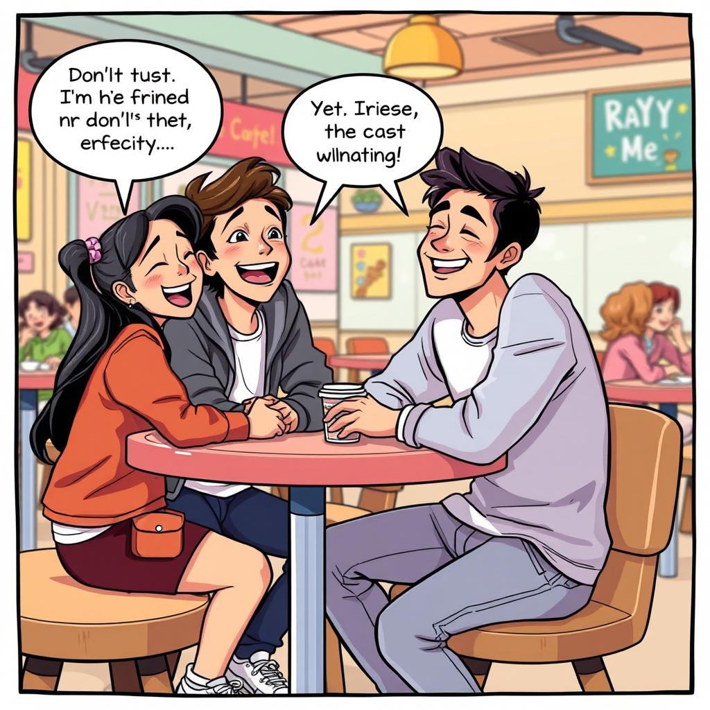 A cheerful comic-style illustration depicting a scene of Ahmed sitting at a café table with his new high school friends, all of them laughing and enjoying their conversation