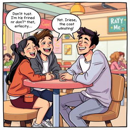 A cheerful comic-style illustration depicting a scene of Ahmed sitting at a café table with his new high school friends, all of them laughing and enjoying their conversation