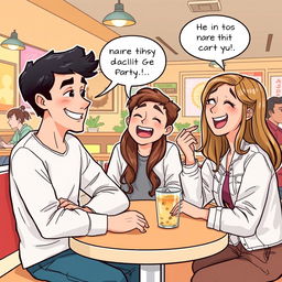 A cheerful comic-style illustration depicting a scene of Ahmed sitting at a café table with his new high school friends, all of them laughing and enjoying their conversation