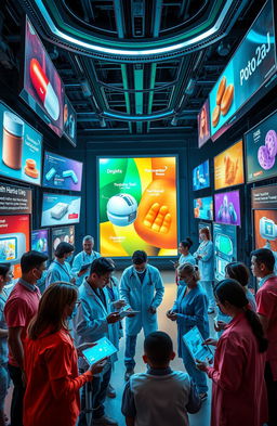 A dramatic and captivating scene depicting extreme pharmaceutical and medical marketing, showcasing a high-tech, futuristic environment filled with vibrant advertisements for various drug products and medical devices