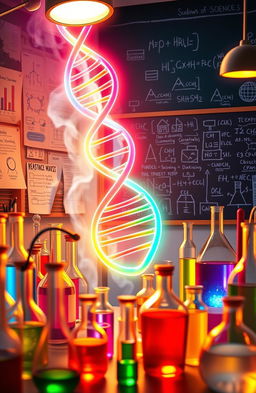 An imaginative and vibrant depiction of science concepts, showcasing a colorful laboratory filled with beakers, test tubes, and scientific instruments