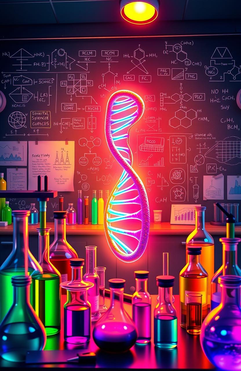 An imaginative and vibrant depiction of science concepts, showcasing a colorful laboratory filled with beakers, test tubes, and scientific instruments