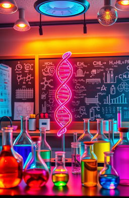 An imaginative and vibrant depiction of science concepts, showcasing a colorful laboratory filled with beakers, test tubes, and scientific instruments