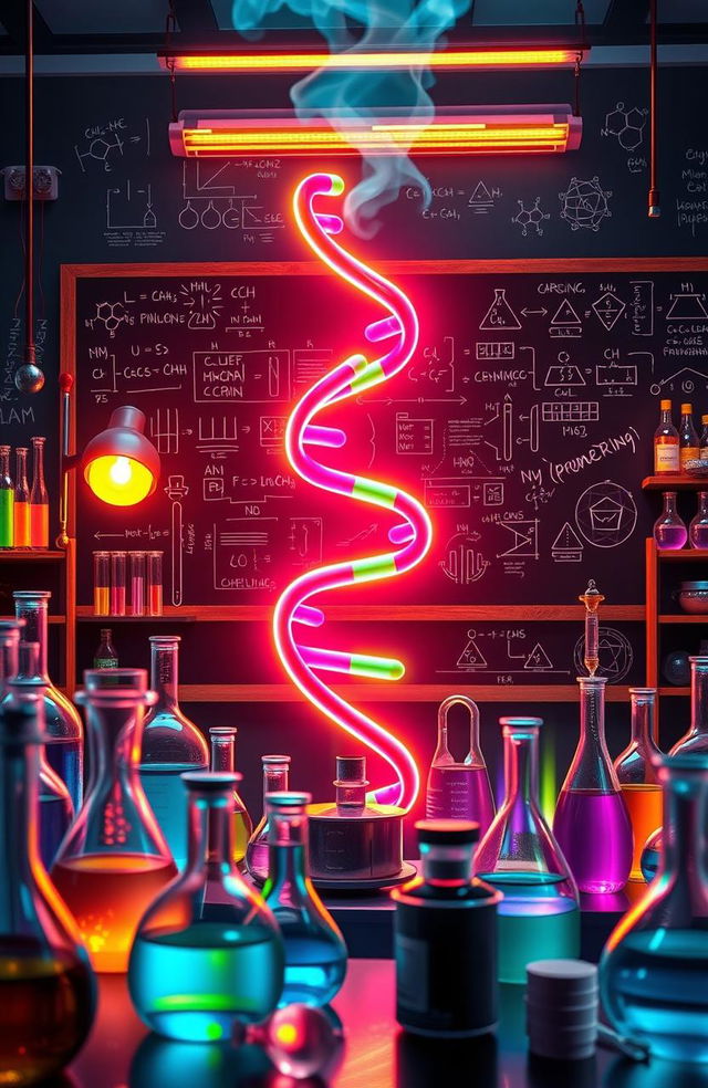 An imaginative and vibrant depiction of science concepts, showcasing a colorful laboratory filled with beakers, test tubes, and scientific instruments