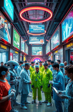 A dramatic and captivating scene depicting extreme pharmaceutical and medical marketing, showcasing a high-tech, futuristic environment filled with vibrant advertisements for various drug products and medical devices