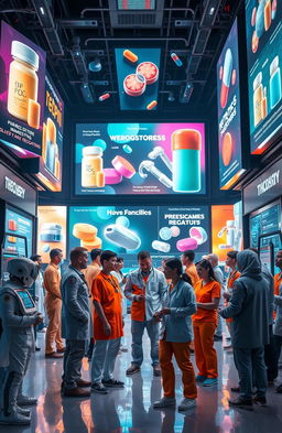 A dramatic and captivating scene depicting extreme pharmaceutical and medical marketing, showcasing a high-tech, futuristic environment filled with vibrant advertisements for various drug products and medical devices