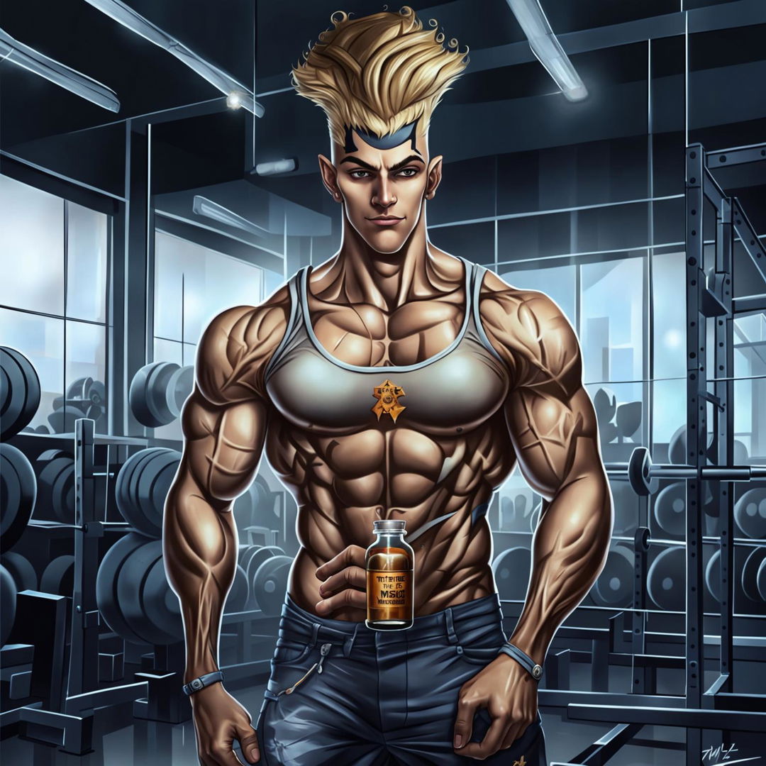 Digital art of Zyzz in a gym holding a vial of Tren with 'The Misc' sign in the background.