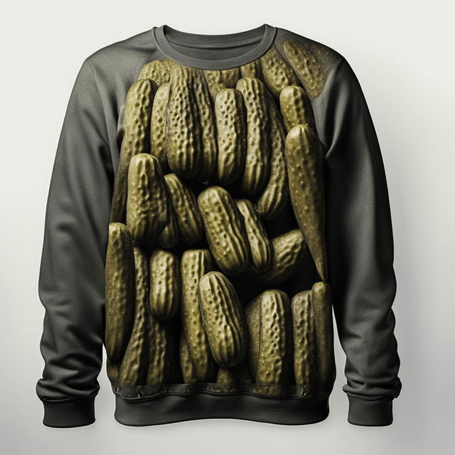 A heather gray sweatshirt with a detailed pickle pattern displayed on an invisible mannequin against a stark white background.