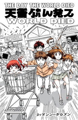 A dynamic manga cover titled 'The Day the World Died', depicting a chaotic scene of action and horror