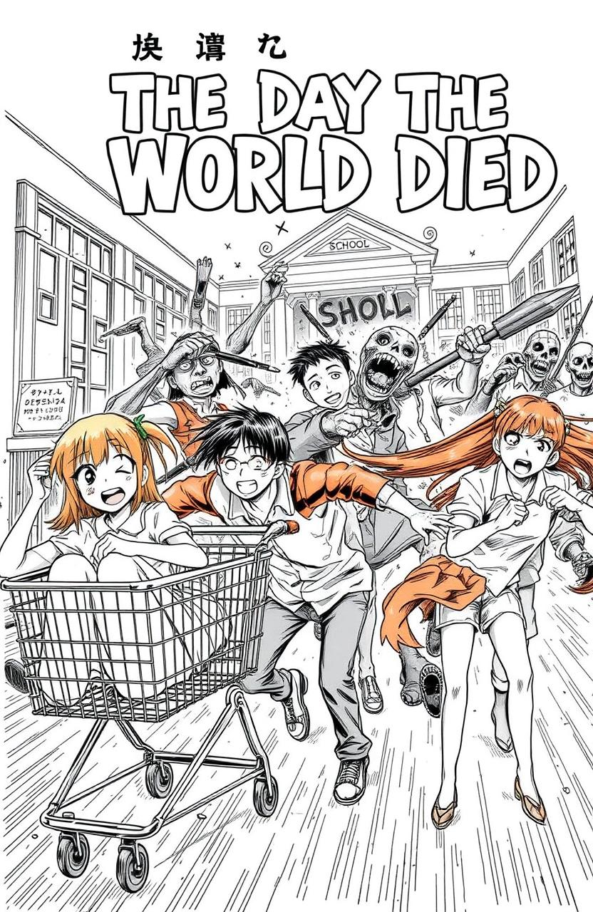 A dynamic manga cover titled 'The Day the World Died', depicting a chaotic scene of action and horror