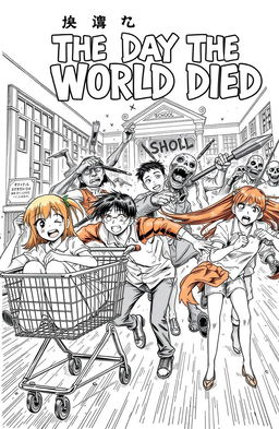 A dynamic manga cover titled 'The Day the World Died', depicting a chaotic scene of action and horror