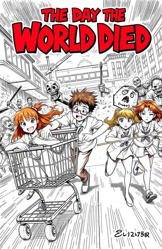 A dynamic manga cover titled 'The Day the World Died', depicting a chaotic scene of action and horror