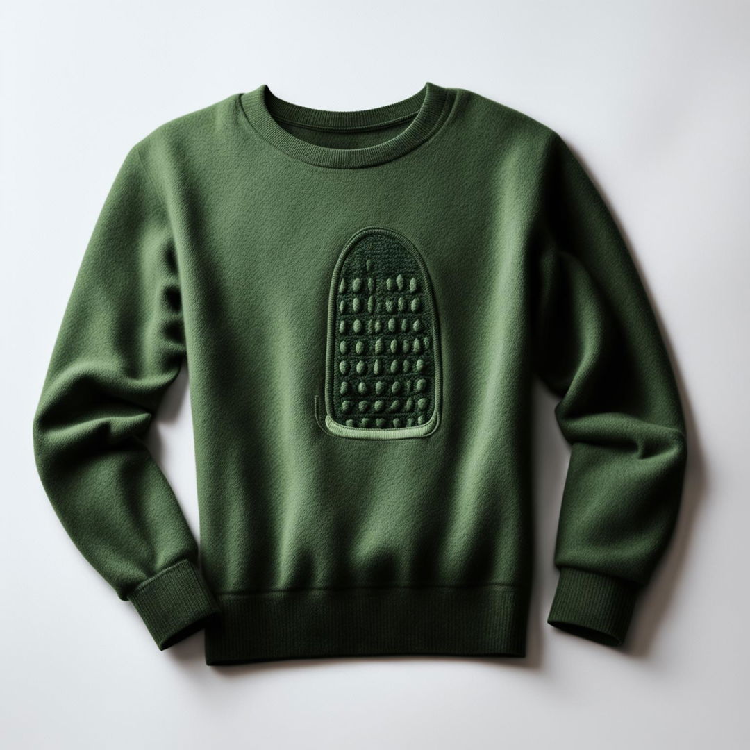 Luxurious cashmere sweatshirt editorial photograph with minimalist pickle logo, shot with a 200mm lens in 32k resolution.