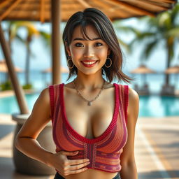 A hyper-realistic image of a 25-year-old Japanese woman with medium hair and beautiful, detailed eyes, posed in a resort scenery