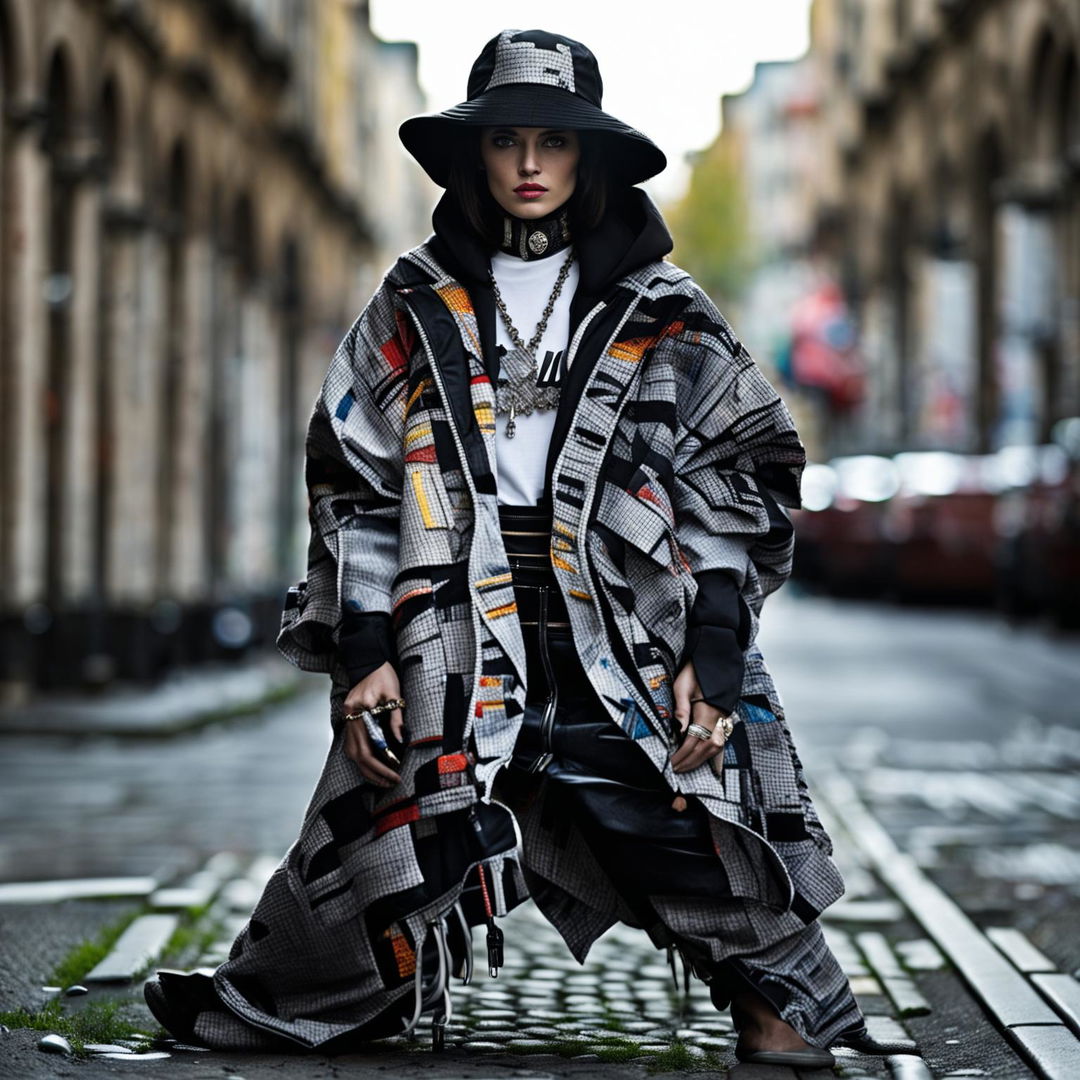 A figure in Balenciaga opium fashion stands on Berlin's cobblestone streets. Their avant-garde street style outfit contrasts with the city's historic architecture. Captured in medium shot with a 200mm lens in 32k resolution.