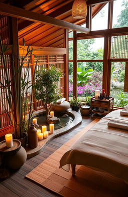 A serene traditional spa setting, featuring wooden structures and soft, warm lighting