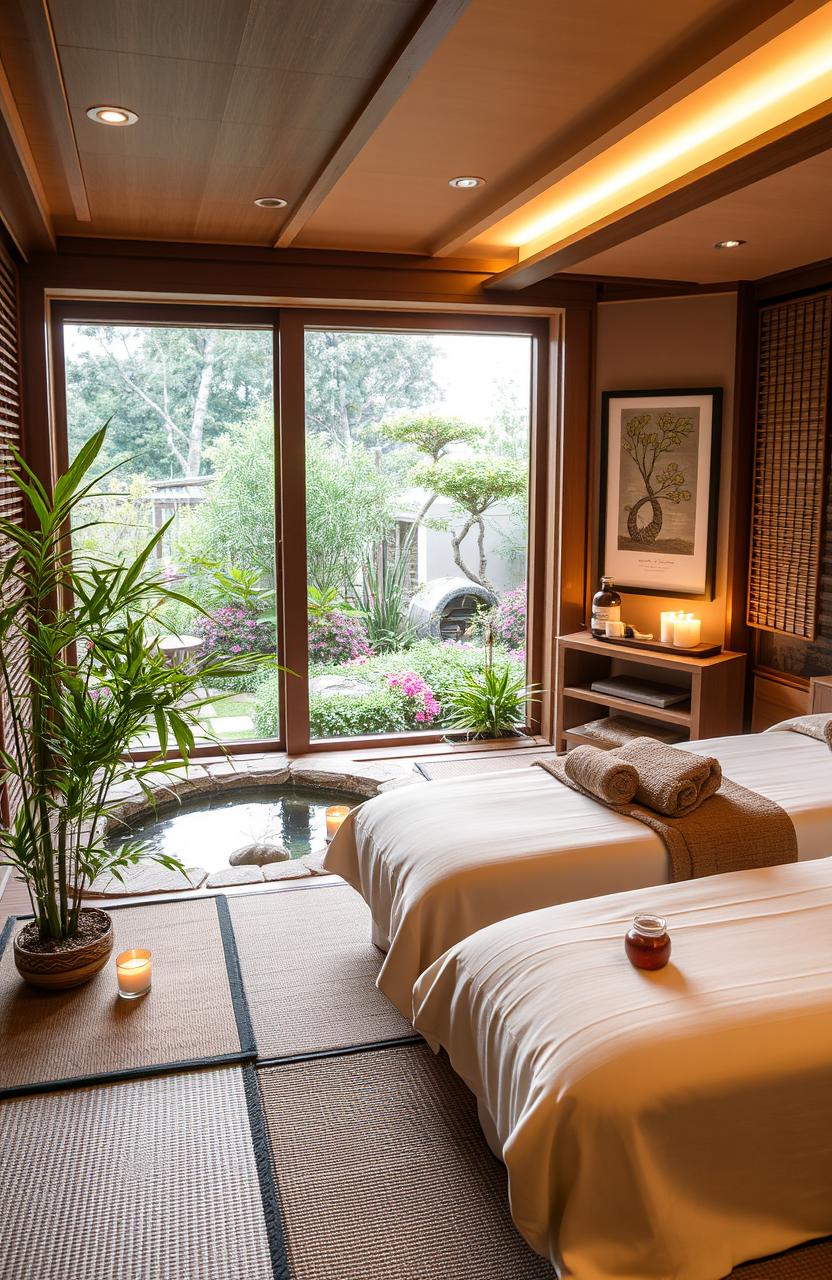 A serene traditional spa setting, featuring wooden structures and soft, warm lighting