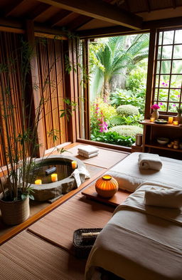 A serene traditional spa setting, featuring wooden structures and soft, warm lighting