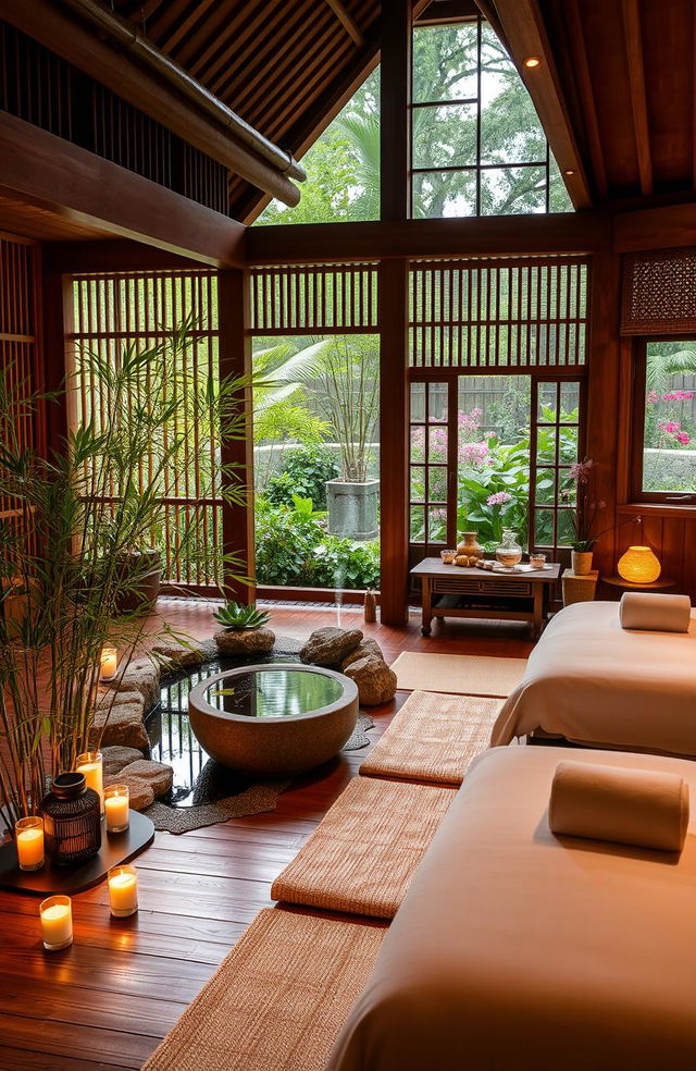 A serene traditional spa setting, featuring wooden structures and soft, warm lighting