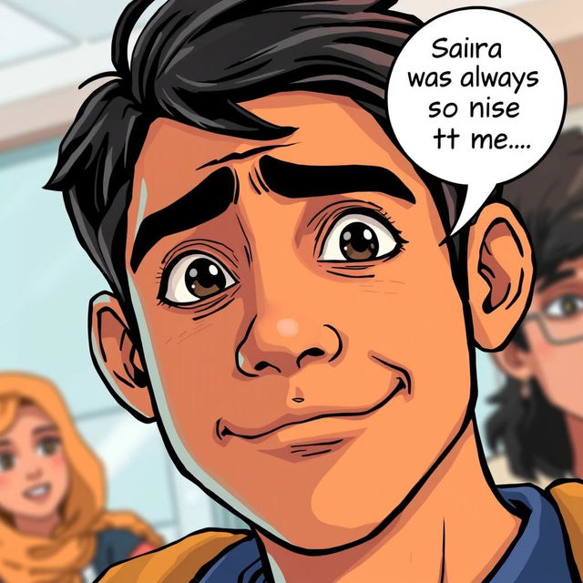 A close-up comic-style illustration capturing Ahmed's face in detail