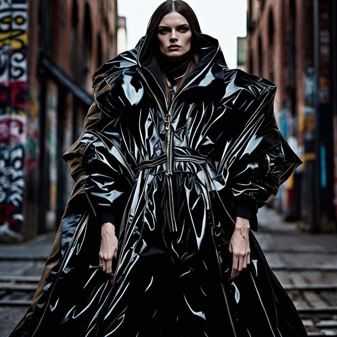 Medium shot of a supermodel in Berlin wearing avant-garde Balenciaga and Rick Owens outfit, embodying opium fashion with urban backdrop.