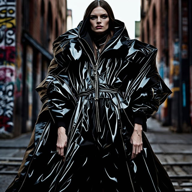 Medium shot of a supermodel in Berlin wearing avant-garde Balenciaga and Rick Owens outfit, embodying opium fashion with urban backdrop.