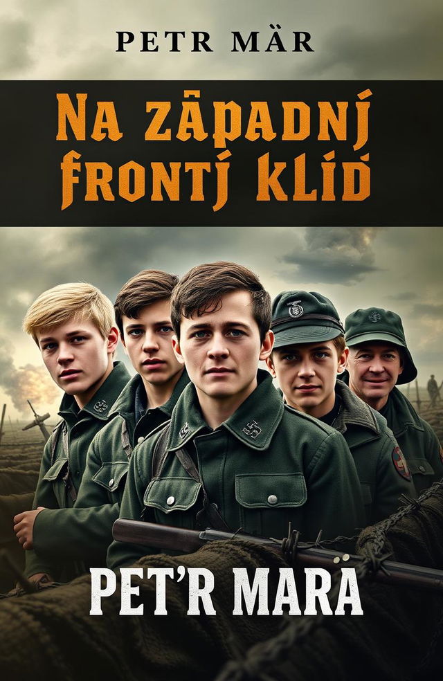 A captivating book cover design for 'Na západní frontě klid' by Petr Mára, featuring five young German soldiers during World War I