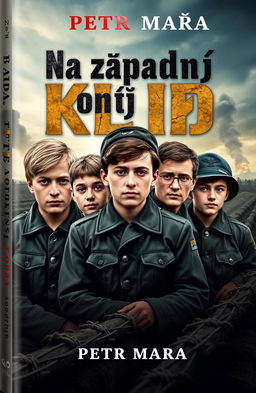 A captivating book cover design for 'Na západní frontě klid' by Petr Mára, featuring five young German soldiers during World War I
