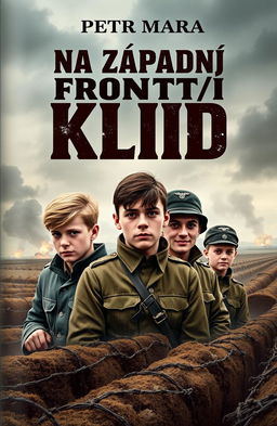 A captivating book cover design for 'Na západní frontě klid' by Petr Mára, featuring five young German soldiers during World War I