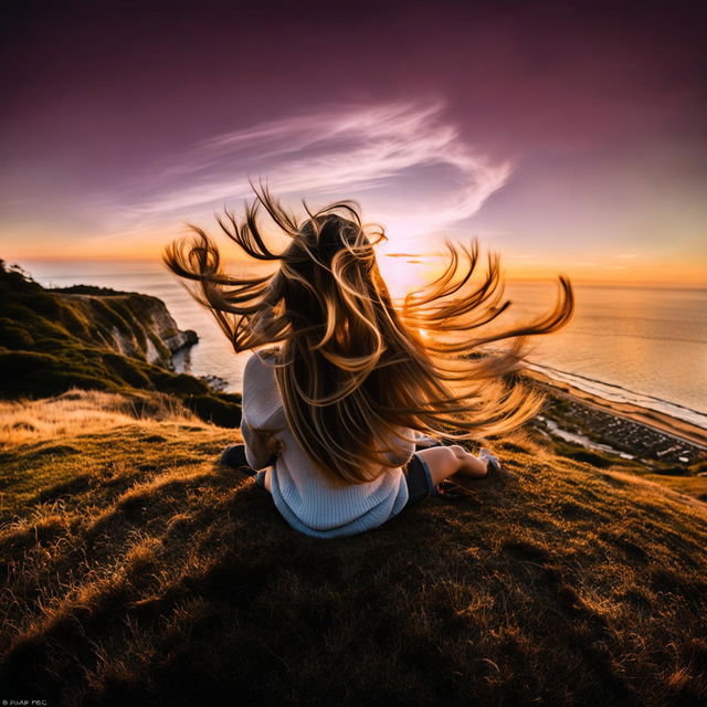 A 19-year-old woman with long, windswept honey-blonde balayage hair sits on a hill overlooking a beach at sunset. The image is an extreme wide shot taken from ground level with a Canon EOS R5 with RF.