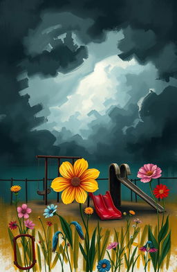 an abstract representation of childhood trauma, featuring a dark, stormy sky above a broken playground with rusted swings and a cracked slide, contrasting with vibrant flowers blooming in the foreground symbolizing hope and healing, vivid brush strokes to express deep emotions, a soft light breaking through the clouds illuminating the flowers, conveying a sense of both sadness and optimism