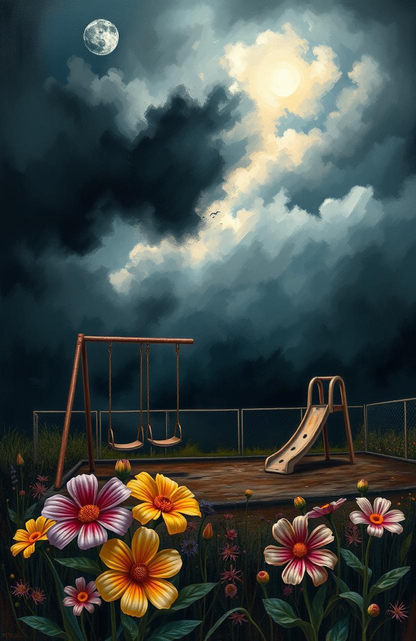 an abstract representation of childhood trauma, featuring a dark, stormy sky above a broken playground with rusted swings and a cracked slide, contrasting with vibrant flowers blooming in the foreground symbolizing hope and healing, vivid brush strokes to express deep emotions, a soft light breaking through the clouds illuminating the flowers, conveying a sense of both sadness and optimism