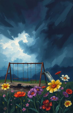 an abstract representation of childhood trauma, featuring a dark, stormy sky above a broken playground with rusted swings and a cracked slide, contrasting with vibrant flowers blooming in the foreground symbolizing hope and healing, vivid brush strokes to express deep emotions, a soft light breaking through the clouds illuminating the flowers, conveying a sense of both sadness and optimism