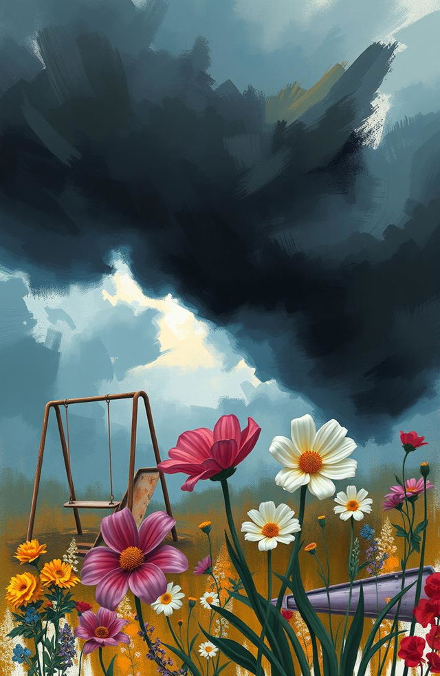 an abstract representation of childhood trauma, featuring a dark, stormy sky above a broken playground with rusted swings and a cracked slide, contrasting with vibrant flowers blooming in the foreground symbolizing hope and healing, vivid brush strokes to express deep emotions, a soft light breaking through the clouds illuminating the flowers, conveying a sense of both sadness and optimism