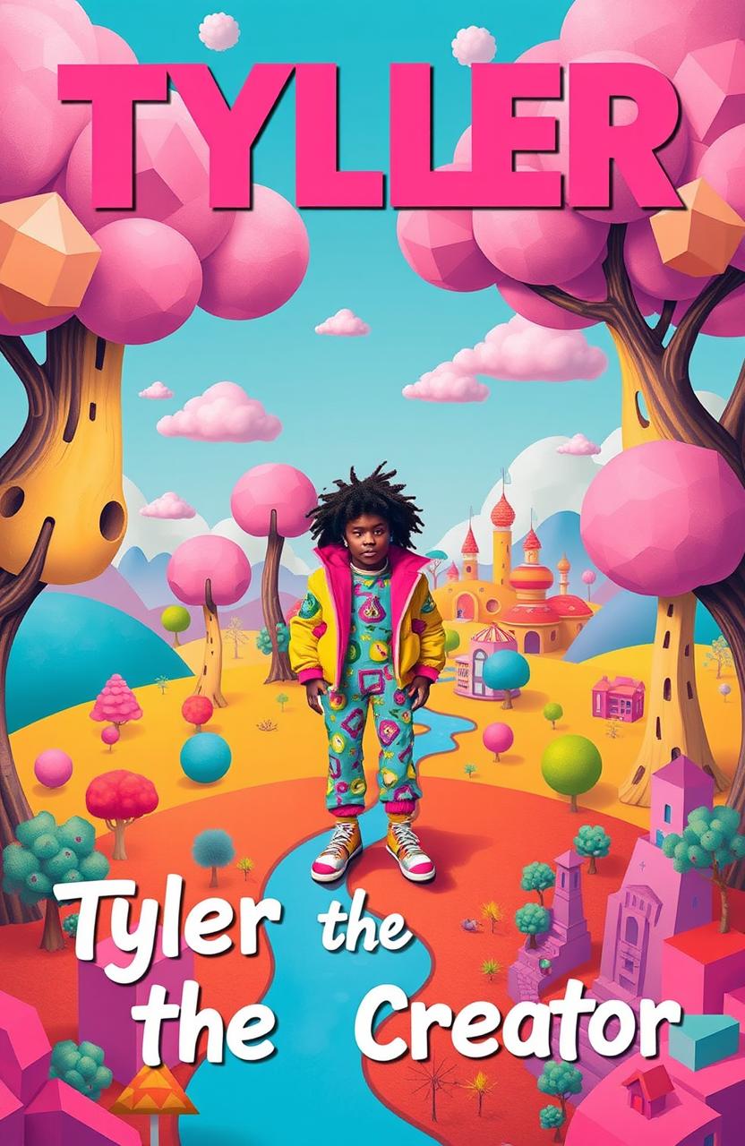 An imaginative and vibrant album cover inspired by Tyler, the Creator, featuring a surreal landscape with bright, bold colors