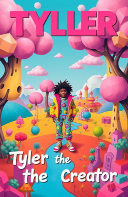 An imaginative and vibrant album cover inspired by Tyler, the Creator, featuring a surreal landscape with bright, bold colors