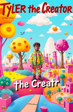 An imaginative and vibrant album cover inspired by Tyler, the Creator, featuring a surreal landscape with bright, bold colors