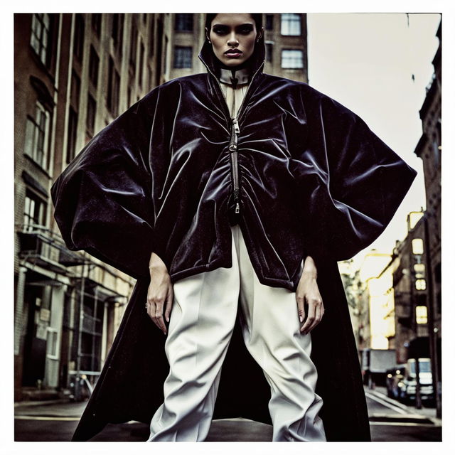 Vintage Vogue photo editorial of a model in avant-garde Balenciaga and Rick Owens outfit, showcasing opium fashion and street style, captured through a 200mm lens.