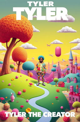 An imaginative and vibrant album cover inspired by Tyler, the Creator, featuring a surreal landscape with bright, bold colors