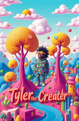An imaginative and vibrant album cover inspired by Tyler, the Creator, featuring a surreal landscape with bright, bold colors