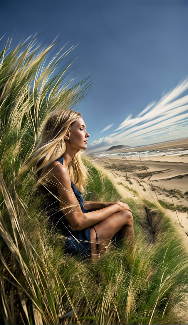 A side profile of a beautiful 20-year-old woman sitting on a hill overlooking the beach. She has long honey-blonde hair with natural highlights, moving in the wind, and beach grasses surround her. She is naturally beautiful, tanned, with freckles dusting her nose and cheeks, and a serene smile. Her hair is tucked behind one ear. The image is an extreme wide shot taken with a Canon EOS R5 with RF.