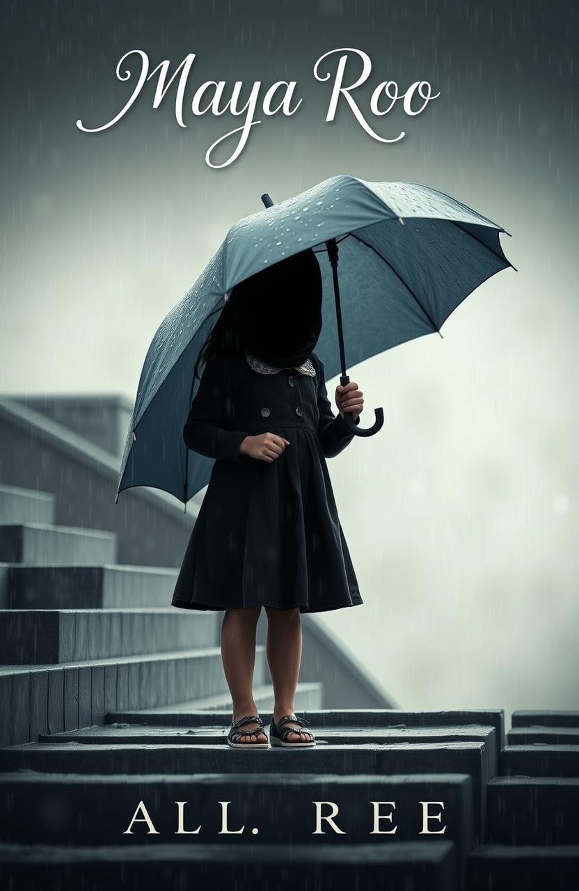 A book cover design featuring a young girl standing on a set of stairs on a rainy day