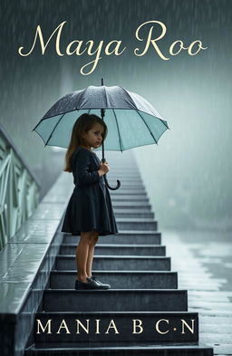 A book cover design featuring a young girl standing on a set of stairs on a rainy day